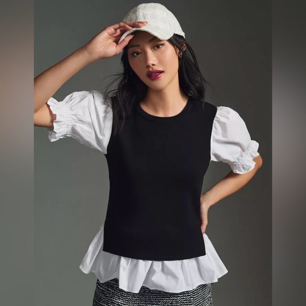 Anthropologie Layered Poplin-Sleeve Sweater
